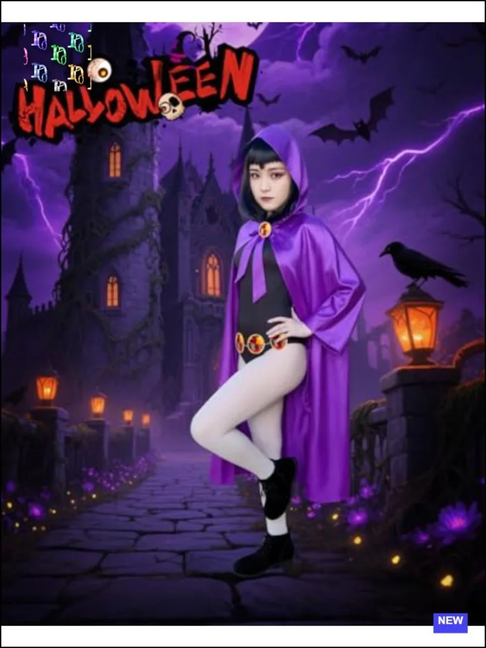 Kids Halloween Costume Purple Cape Jumpsuit Tights Gem Belt